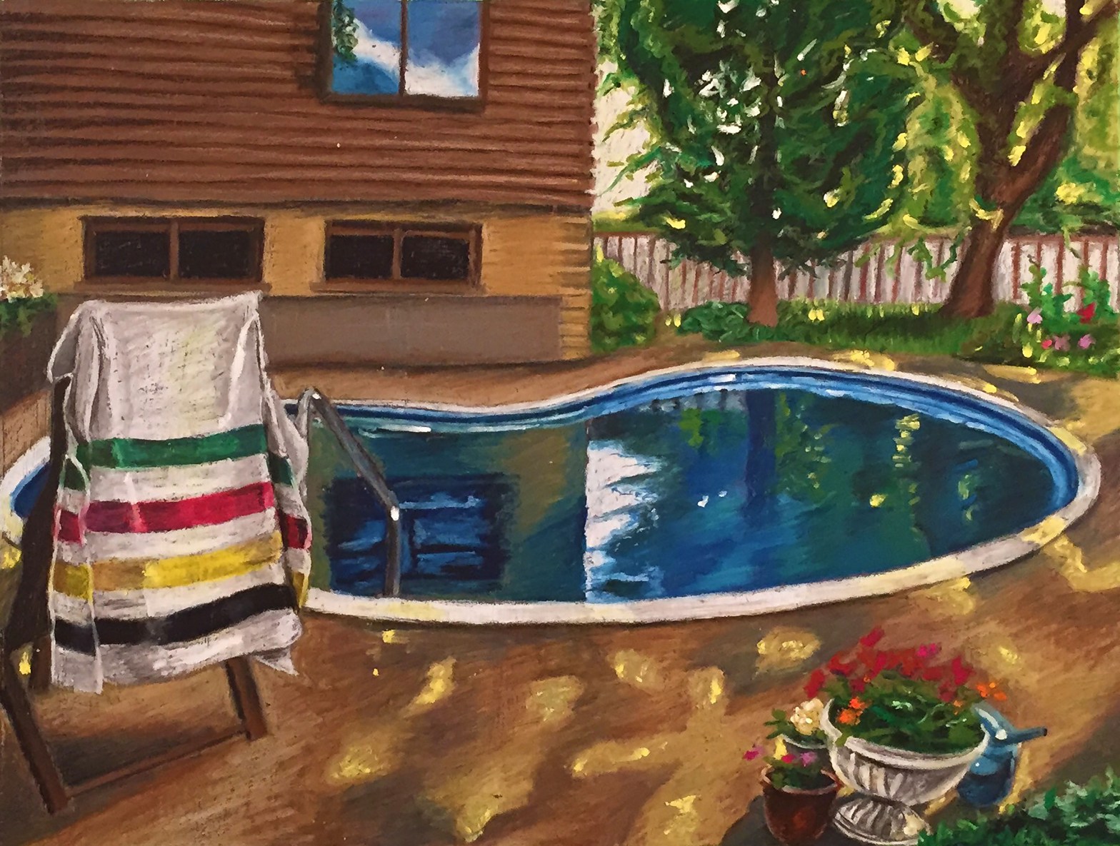 Canada Day by the Pool, 2015, oil pastel on card stock, 17" x 22"